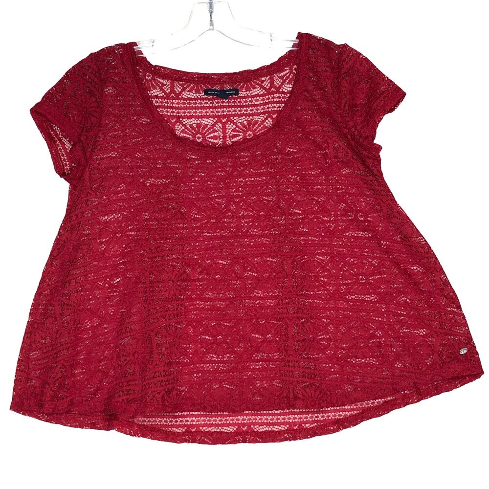 American Eagle Womens Small Red Crochet Lace Cap Sleeve Top Layering Oversized